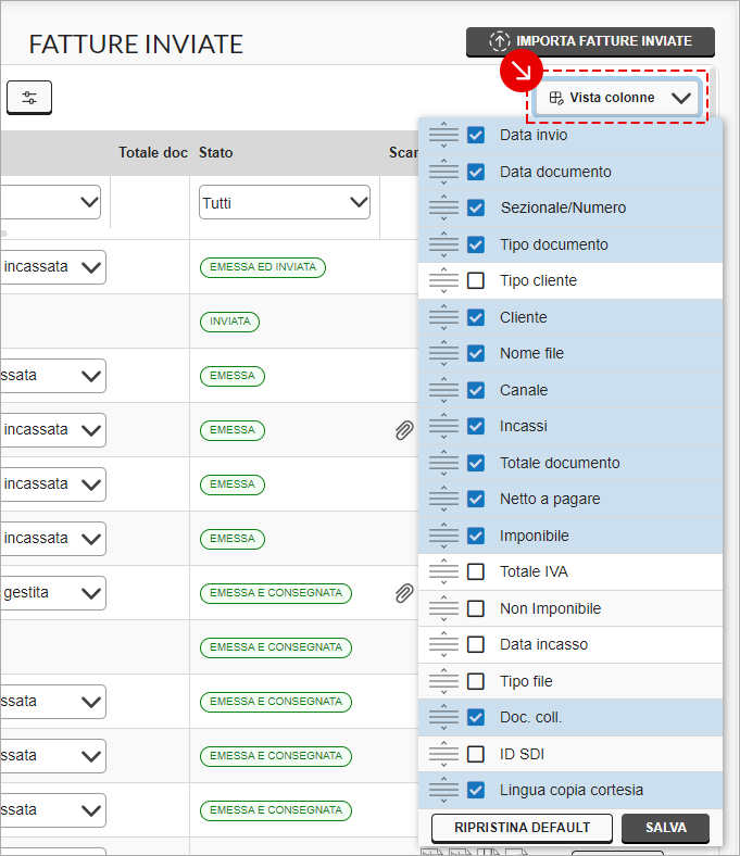 Personalizzazione delle colonne nella lista delle fatture inviate