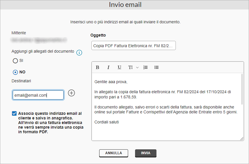 Schermata di invio email del documento con inserimento dei destinatari e del messaggio
