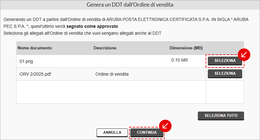 Selezione allegati dell’ordine di vendita da includere nel DDT