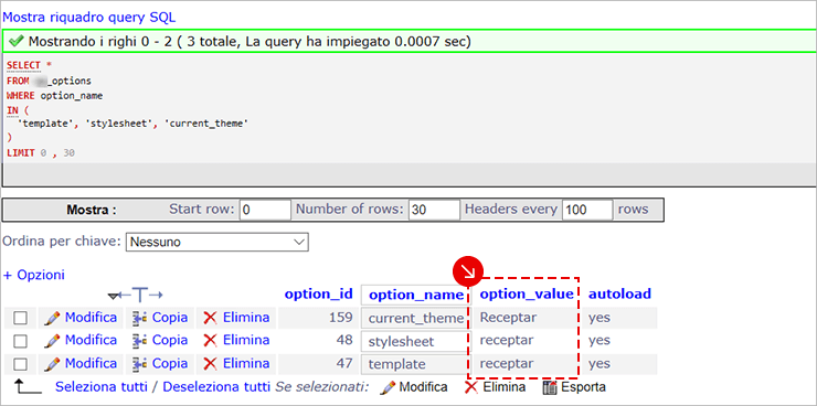 phpMyAdmin: risultati query wp_options; template, stylesheet e current_theme con valore “Receptar”.