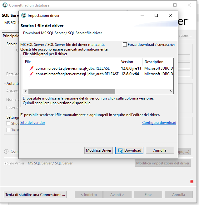 DBeaver – Impostazioni driver: scarica file driver MSSQL mancanti; elenco file con versioni; pulsante Download.