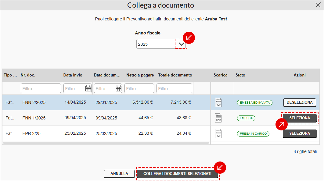Finestra Collega a documento per selezionare e collegare documenti al preventivo