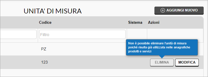 Menu Azioni unità di misura con Modifica