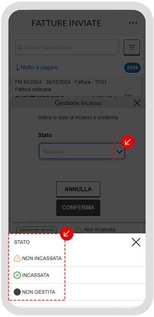 Selezione stato incasso in app con opzioni Non incassata, Incassata e Non gestita