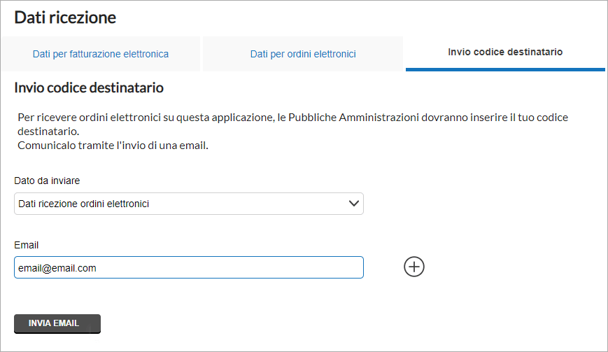 Invio via email del codice destinatario per ordini elettronici