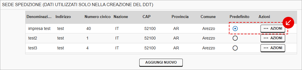 Elenco sedi di spedizione del cliente con impostazione della sede predefinita