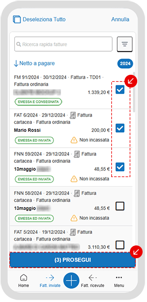 Schermata dell’app con selezione di più fatture e pulsante Prosegui’ per la gestione dell’incasso