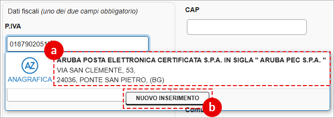 Anagrafica azienda da Registro Imprese con opzione Nuovo inserimento