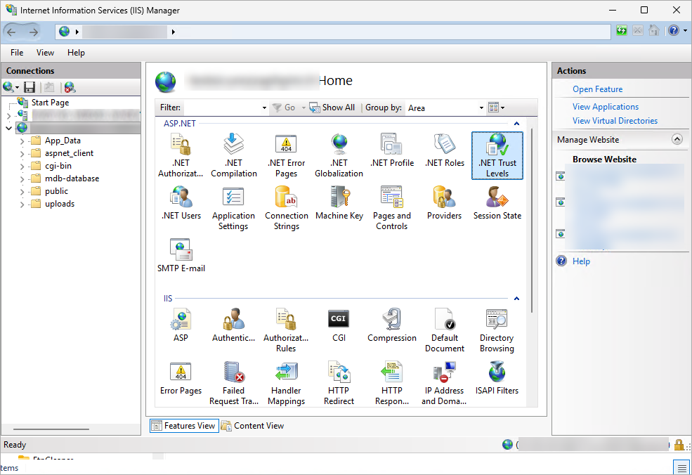 Pannello Internet Information Services Manager con sezione .NET Trust Levels selezionata