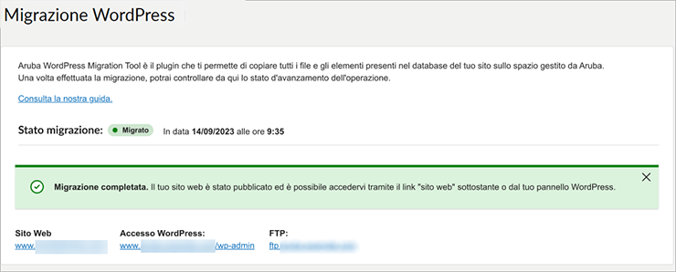 Finestra di richiesta per trasferire un dominio su Aruba con opzione selezionata Voglio migrare anche il mio sito WordPress.