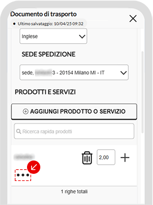 Prodotto inserito nella sezione Prodotti e servizi con accesso al menu azioni evidenziato