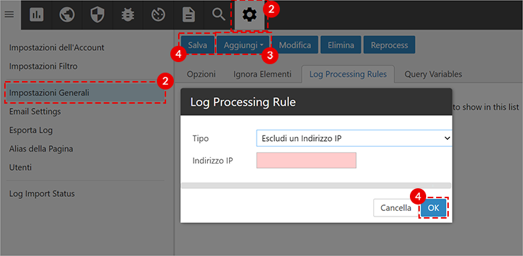 SmarterStats: Impostazioni Generali > Log Processing Rules, finestra Log Processing Rule con Escludi IP e OK evidenziato