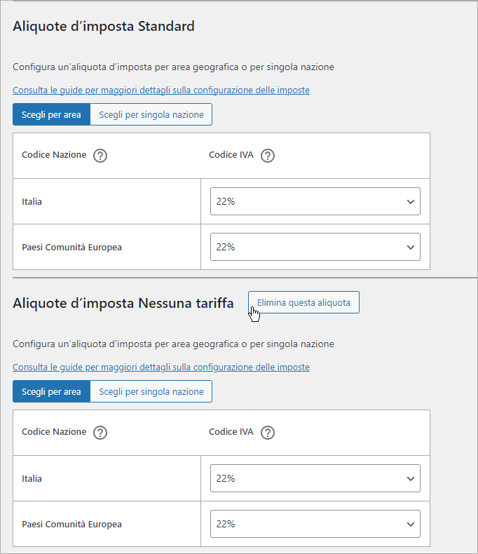 Imposte: aliquote Standard e Nessuna tariffa; Italia e Paesi UE al 22%; pulsante “Elimina questa aliquota” visibile.