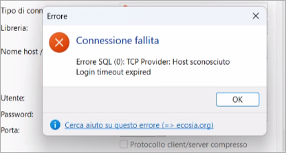 DBeaver – finestra Errore: Connessione fallita; SQL (0) TCP Provider host sconosciuto, login timeout expired; pulsante OK.