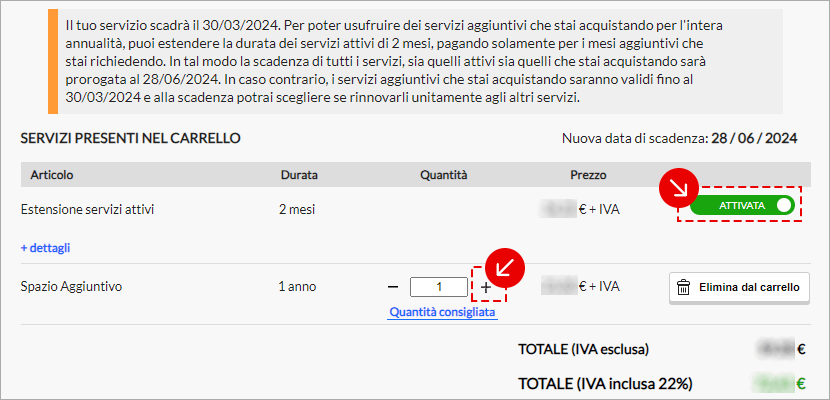 Carrello con l’opzione ‘Spazio aggiuntivo’ e campo quantità per aggiungere spazio