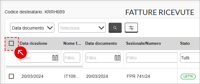 Elenco delle fatture ricevute con selezione multipla dei documenti