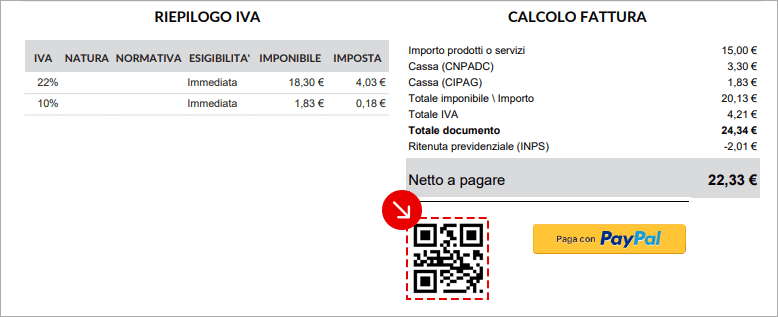 QR code PayPal nella sezione Netto a pagare