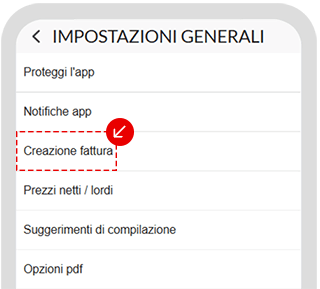 Impostazioni generali dell’app con l’opzione Creazione fattura