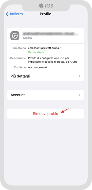 Schermata iOS per rimuovere il profilo di configurazione Aruba per la posta elettronica
