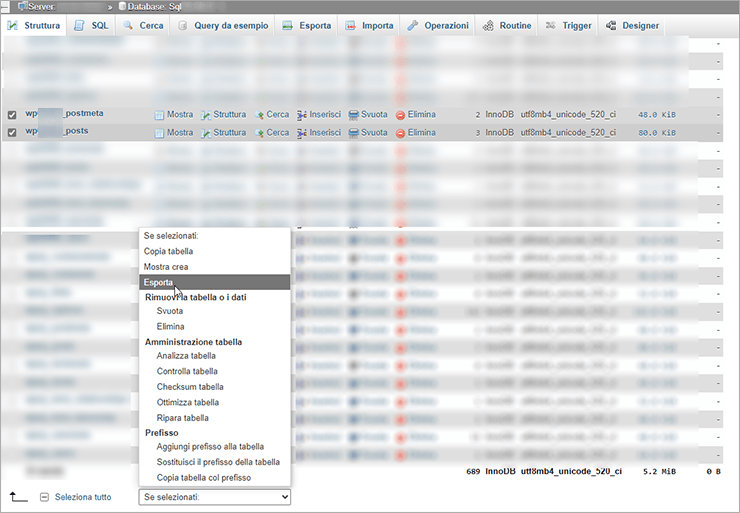 Selezione delle tabelle in phpMyAdmin con menu Esporta aperto