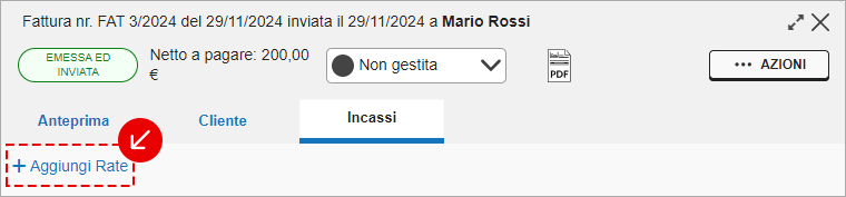 Sezione Incassi con link Aggiungi rate
