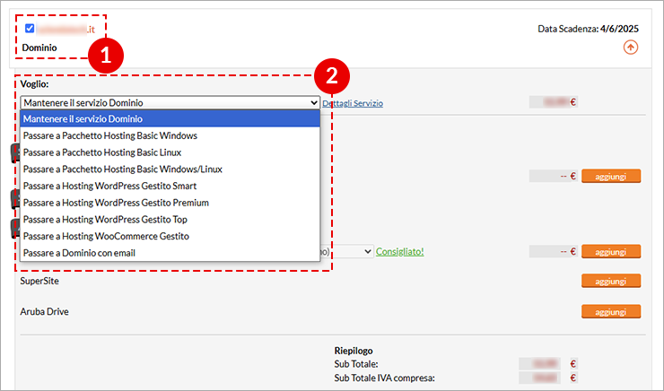 Schermata opzioni di rinnovo con modifica servizio