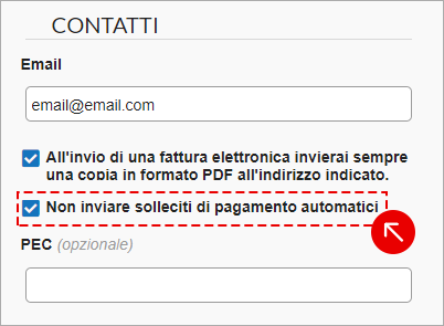 Opzione Non inviare solleciti di pagamento automatici nel contatto