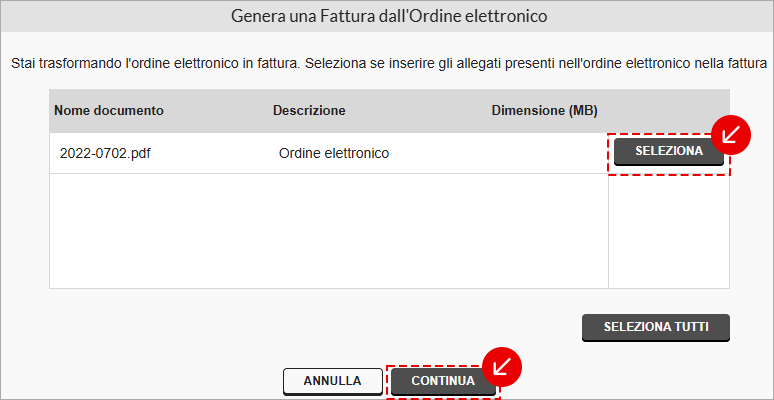Selezione allegati prima di generare la fattura da ordine elettronico