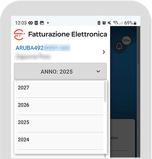 Schermata dell’app Fatturazione Elettronica con menu per la selezione dell’anno evidenziato