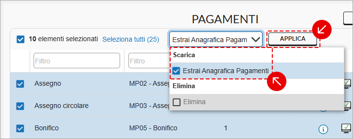 Menu azioni pagamenti con Estrai Anagrafica Pagamenti e Applica