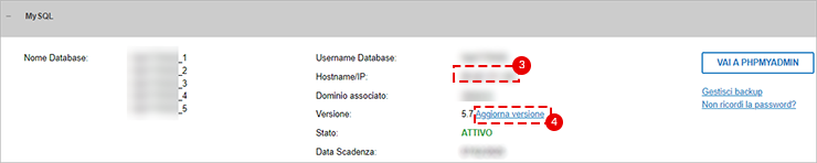 Pannello MySQL: campo Username Database e link Aggiorna versione evidenziati; pulsante VAI A PHPMYADMIN a destra.