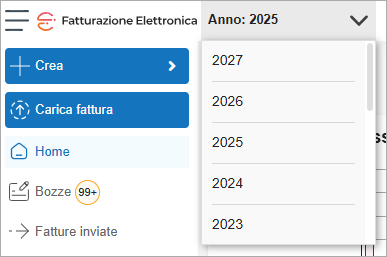 Selezione dell’anno nella Home di Fatturazione Elettronica