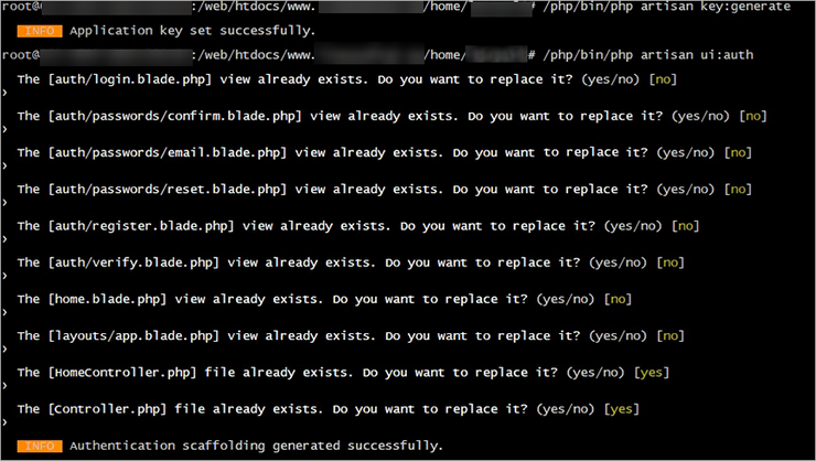 Terminale: comandi Laravel artisan ui:auth con richieste di sostituzione view; scaffolding autenticazione generato.