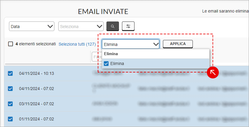 Menu azioni Email inviate con Elimina e Applica