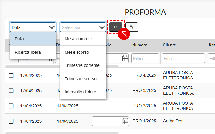 Ricerca proforma con filtro per data