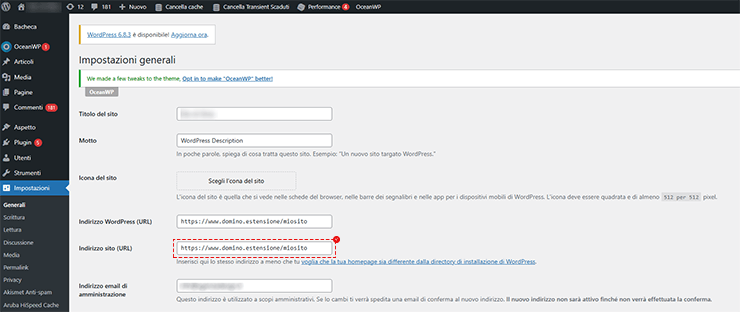 Schermata delle Impostazioni generali di WordPress con modifica degli URL del sito e dell’indirizzo WordPress