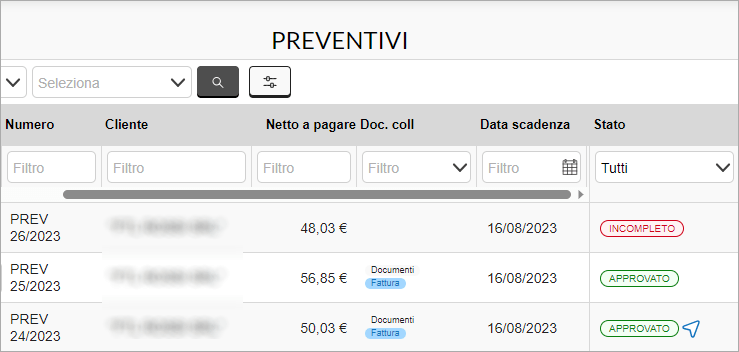 Elenco preventivi con stato Approvato e collegamento alla fattura