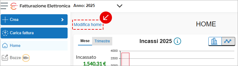 Pagina Home di Fatturazione Elettronica con link Modifica home evidenziato