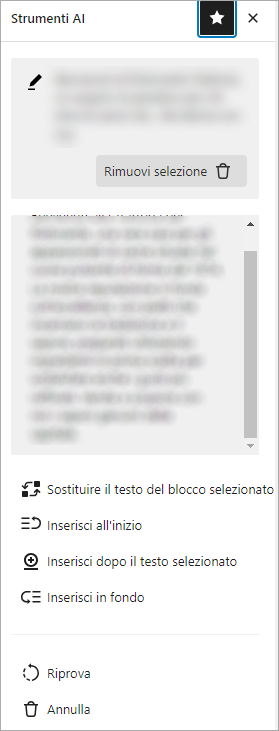 WordPress: pannello Strumenti AI con testo generato e opzioni di inserimento; pulsanti Riprova e Annulla.