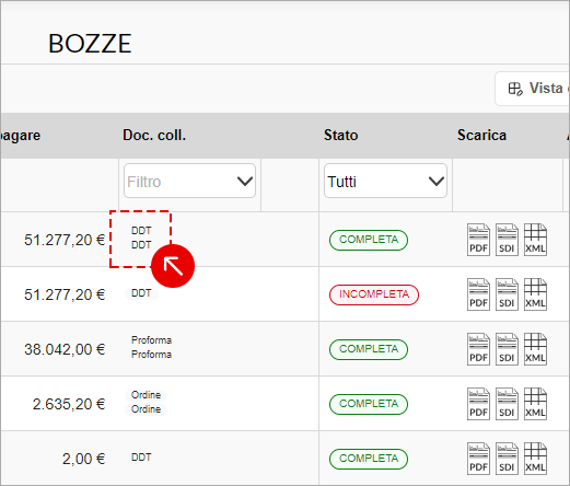 Colonna Doc. coll. nella lista Bozze con indicazione di documenti collegati come DDT o Proforma
