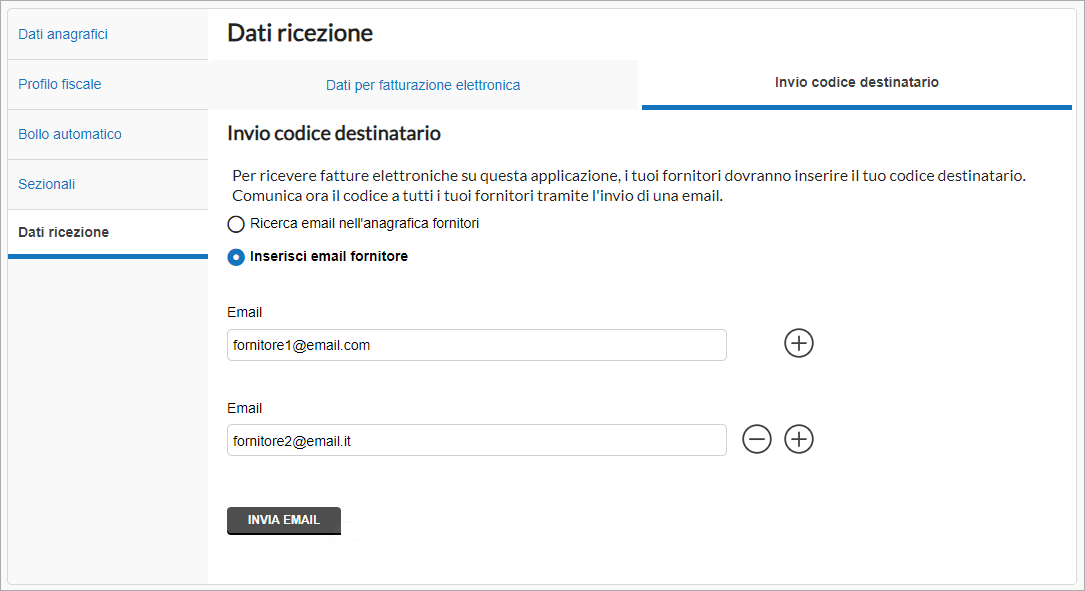 Invio codice destinatario con inserimento manuale email e pulsante Invia email