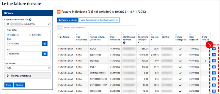 Elenco fatture ricevute su AdE con icone per visualizzare i dettagli della fattura