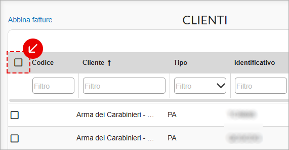 Checkbox selezione tutti nella lista Clienti