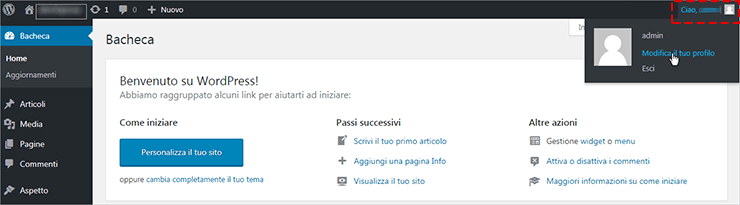 WordPress: menu utente aperto in alto a destra con puntatore su Modifica il tuo profilo nella Bacheca.