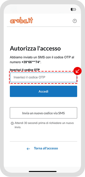 Schermata Autorizza l’accesso con campo per inserire il codice OTP e pulsante Accedi