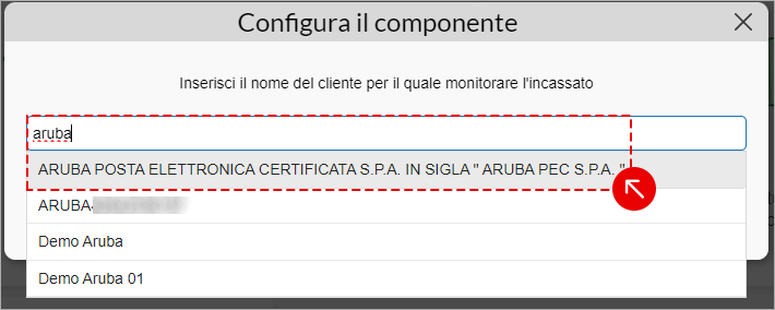 Finestra di configurazione del componente con selezione del cliente per il monitoraggio dell’incassato