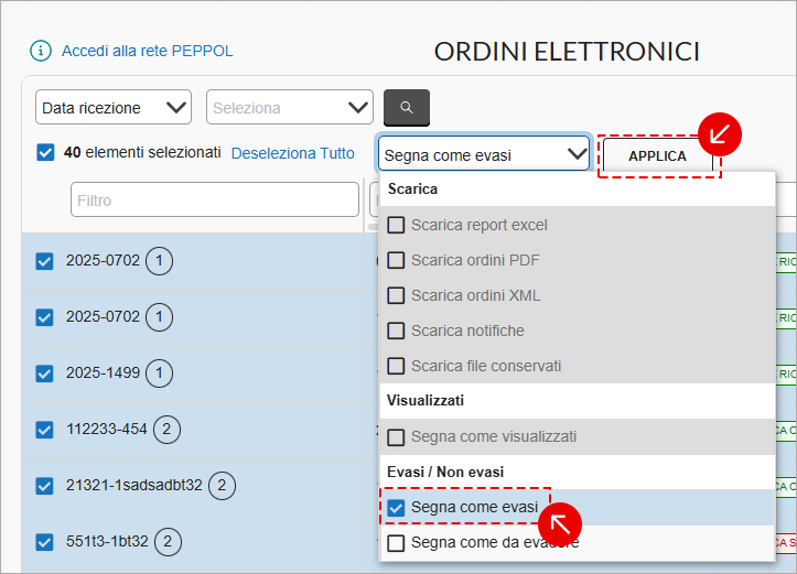 Segnare ordini elettronici come evasi