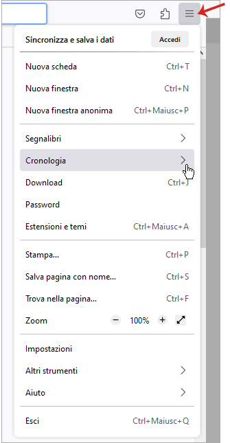 Menu di Mozilla Firefox con voce Cronologia evidenziata per accedere alla gestione dei dati di navigazione
