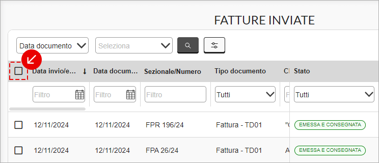 Elenco delle fatture inviate con selezione multipla dei documenti.
