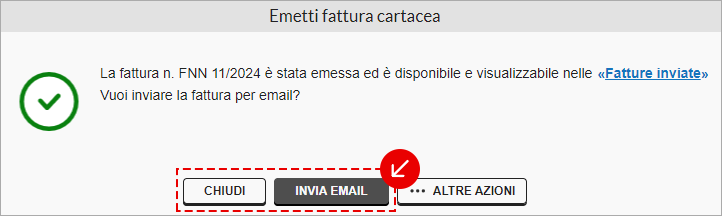 Conferma di emissione della fattura cartacea con opzione per inviare la fattura via email